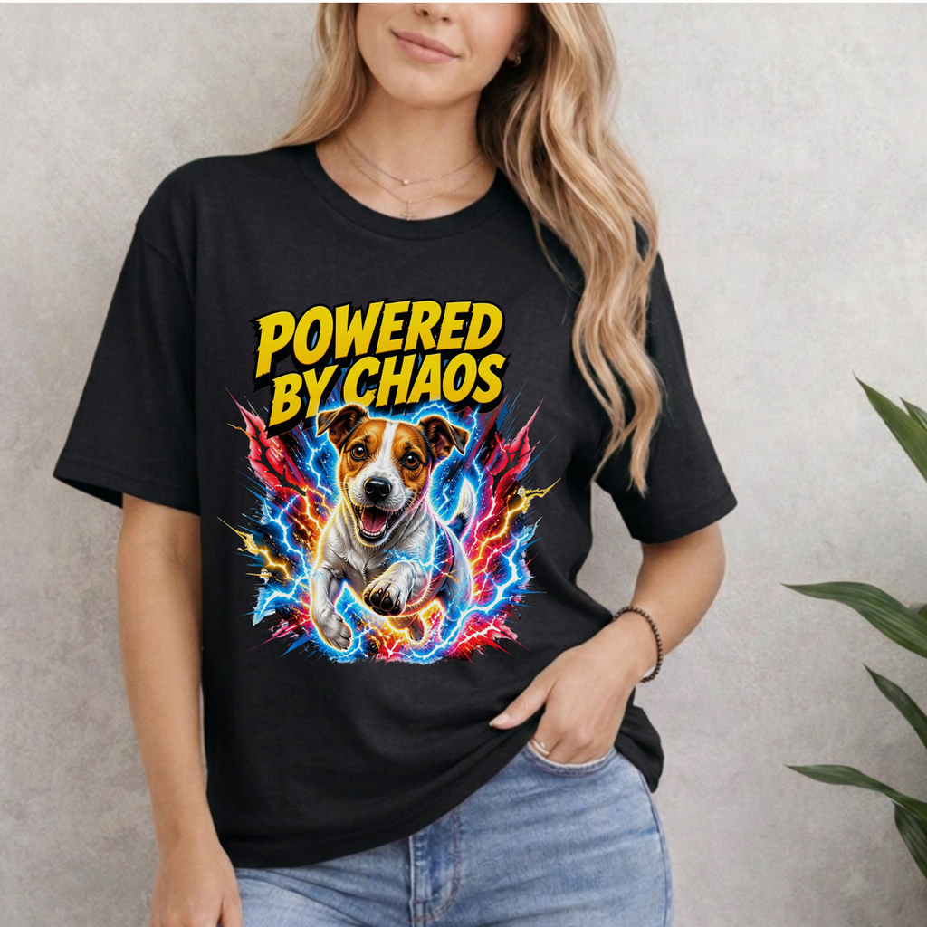 POWERED BY CHAOS JACK RUSSELL TERRIER T-SHIRT