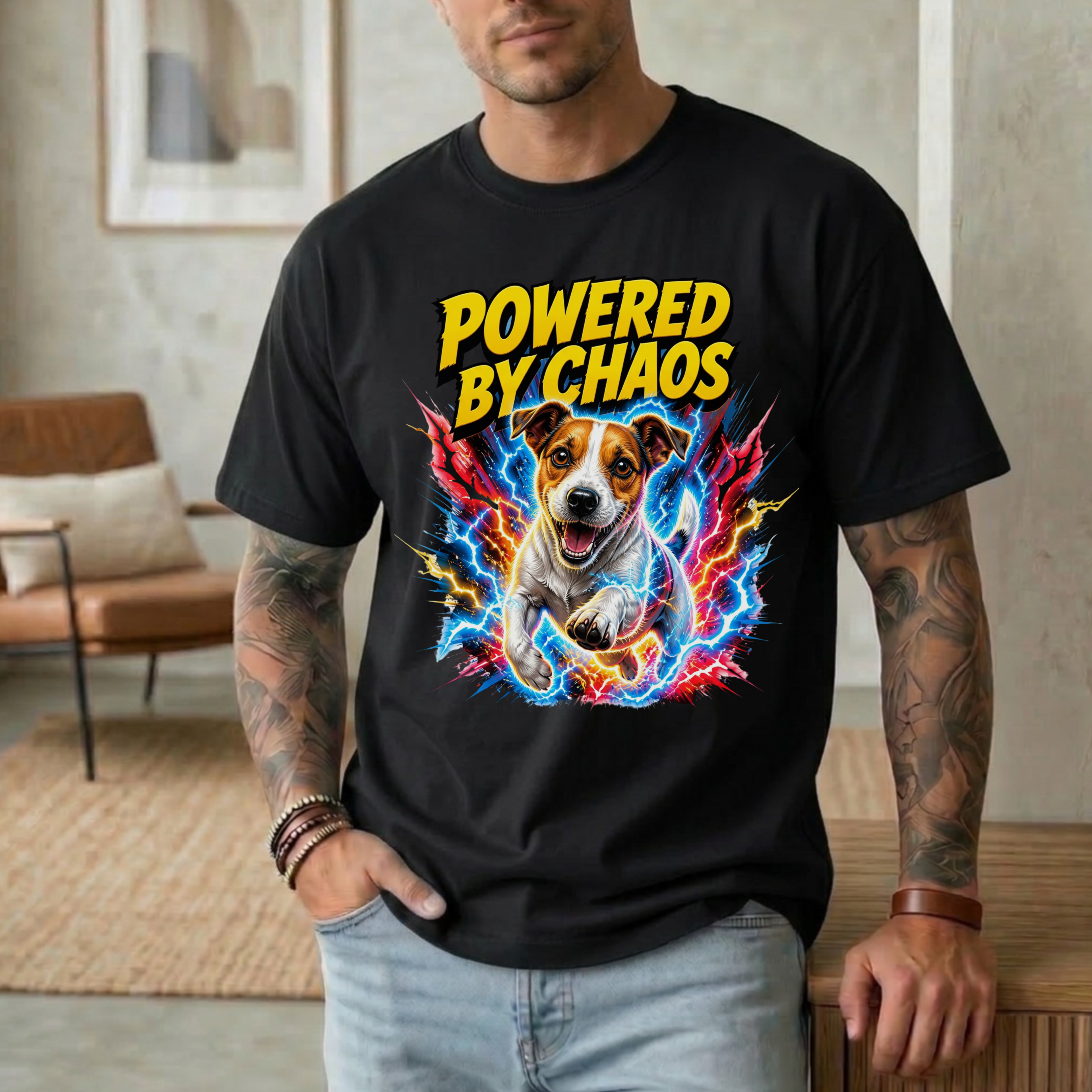 POWERED BY CHAOS JACK RUSSELL TERRIER T-SHIRT