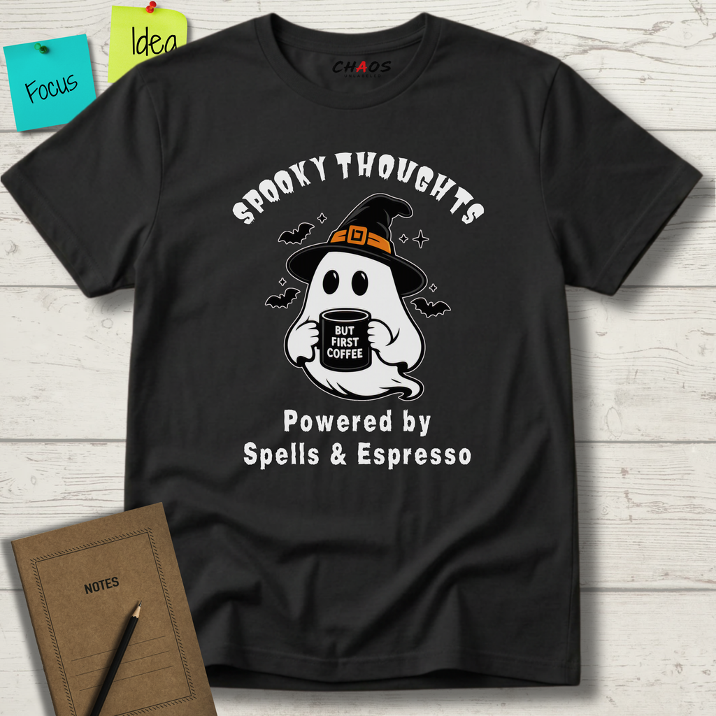 SPOOKY THOUGHTS POWERED BY SPELLS & ESPRESSO T-SHIRT