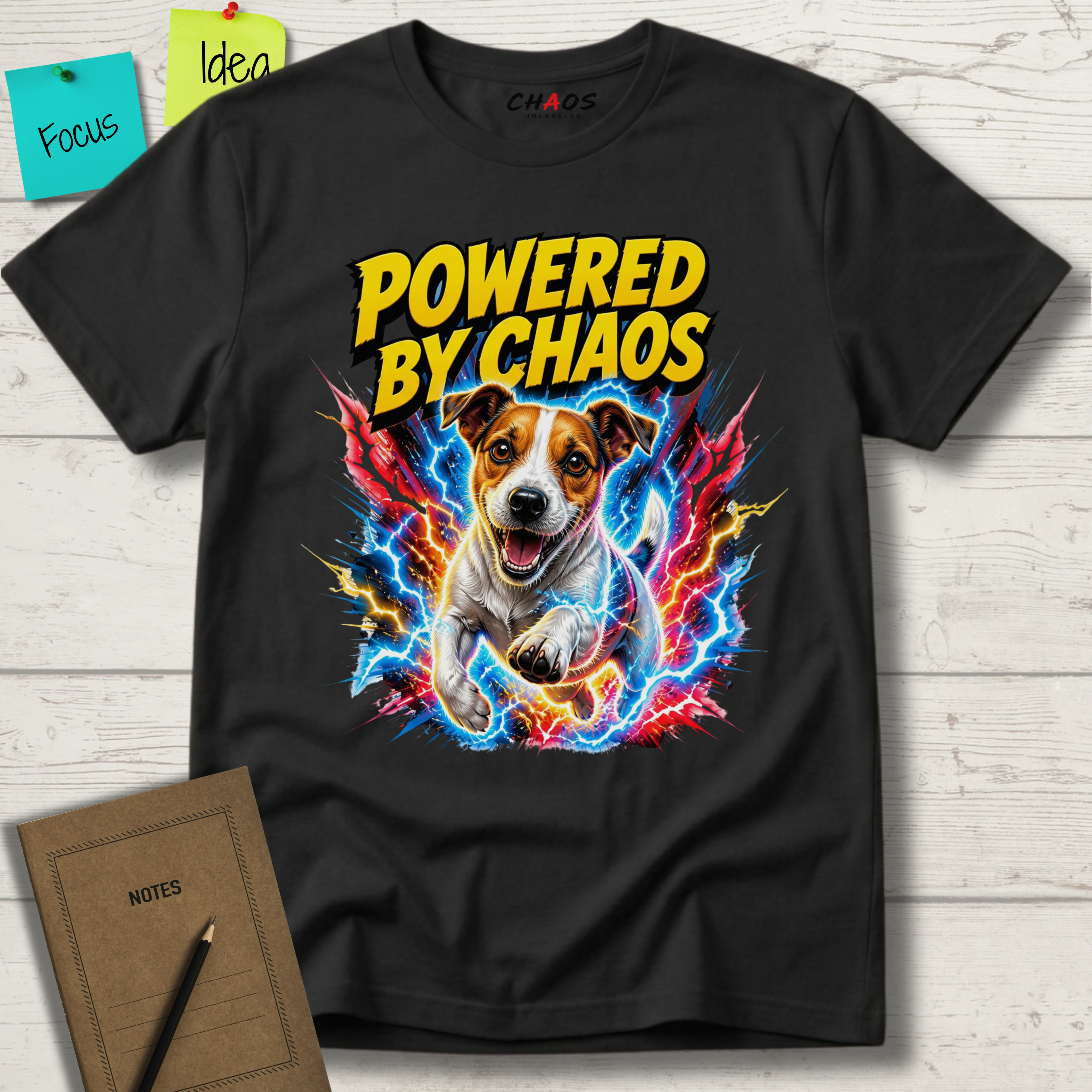 POWERED BY CHAOS JACK RUSSELL TERRIER T-SHIRT