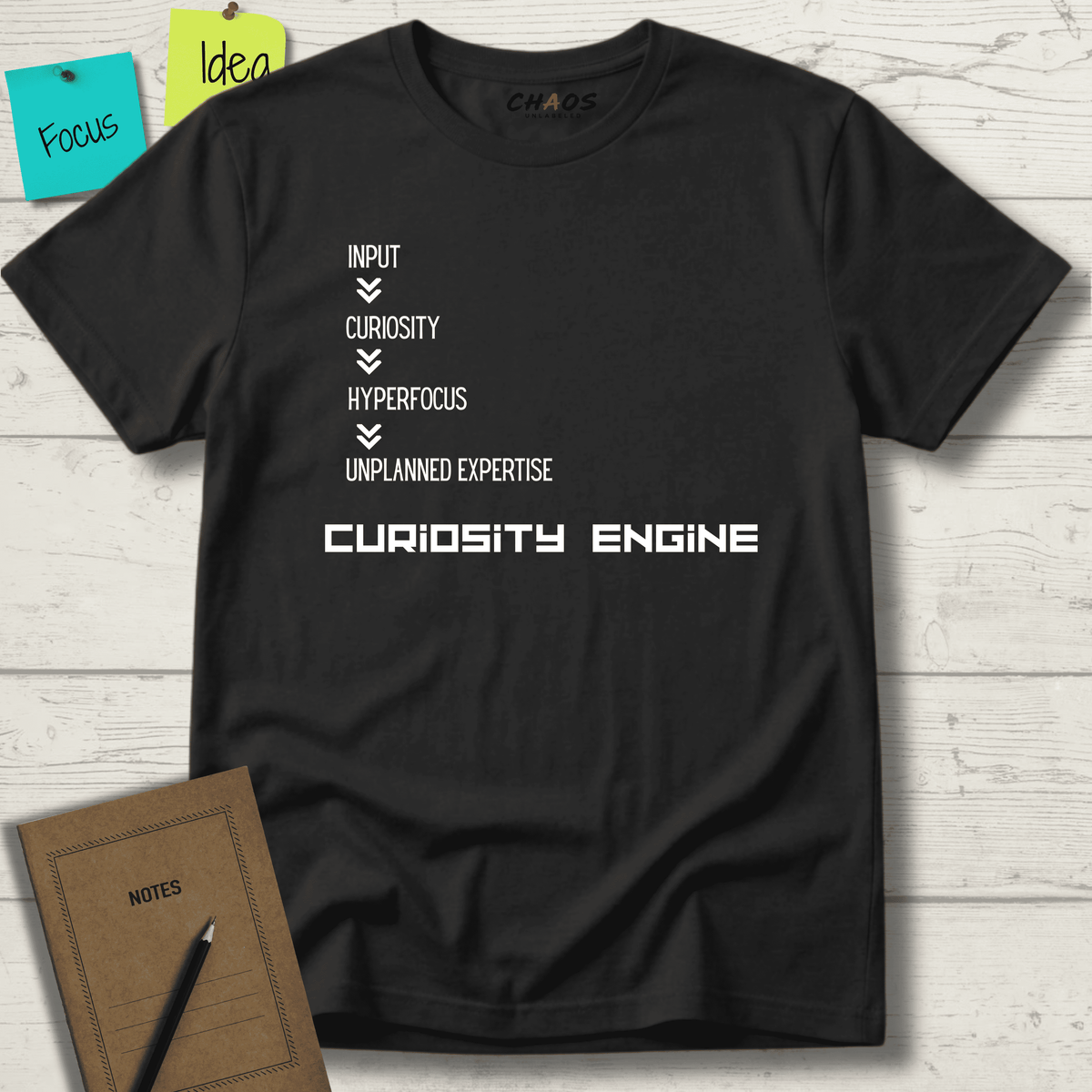 INPUT. Curiosity. Hyperfocus. Unplanned Expertise. Curiosity Engine T-Shirt