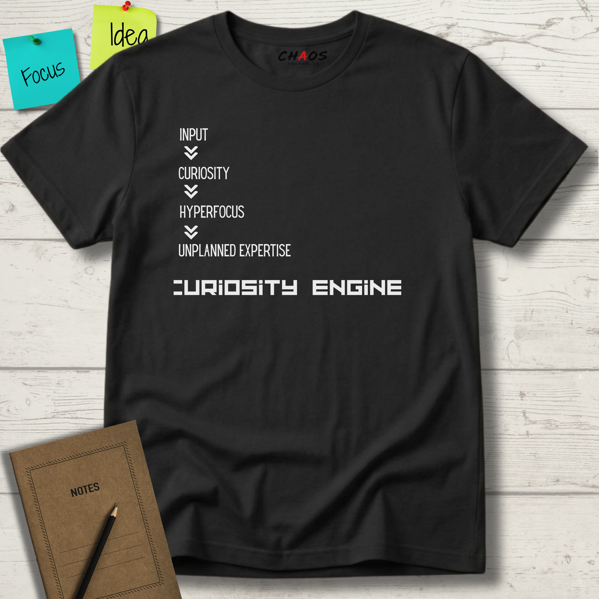 INPUT. Curiosity. Hyperfocus. Unplanned Expertise. Curiosity Engine T-Shirt