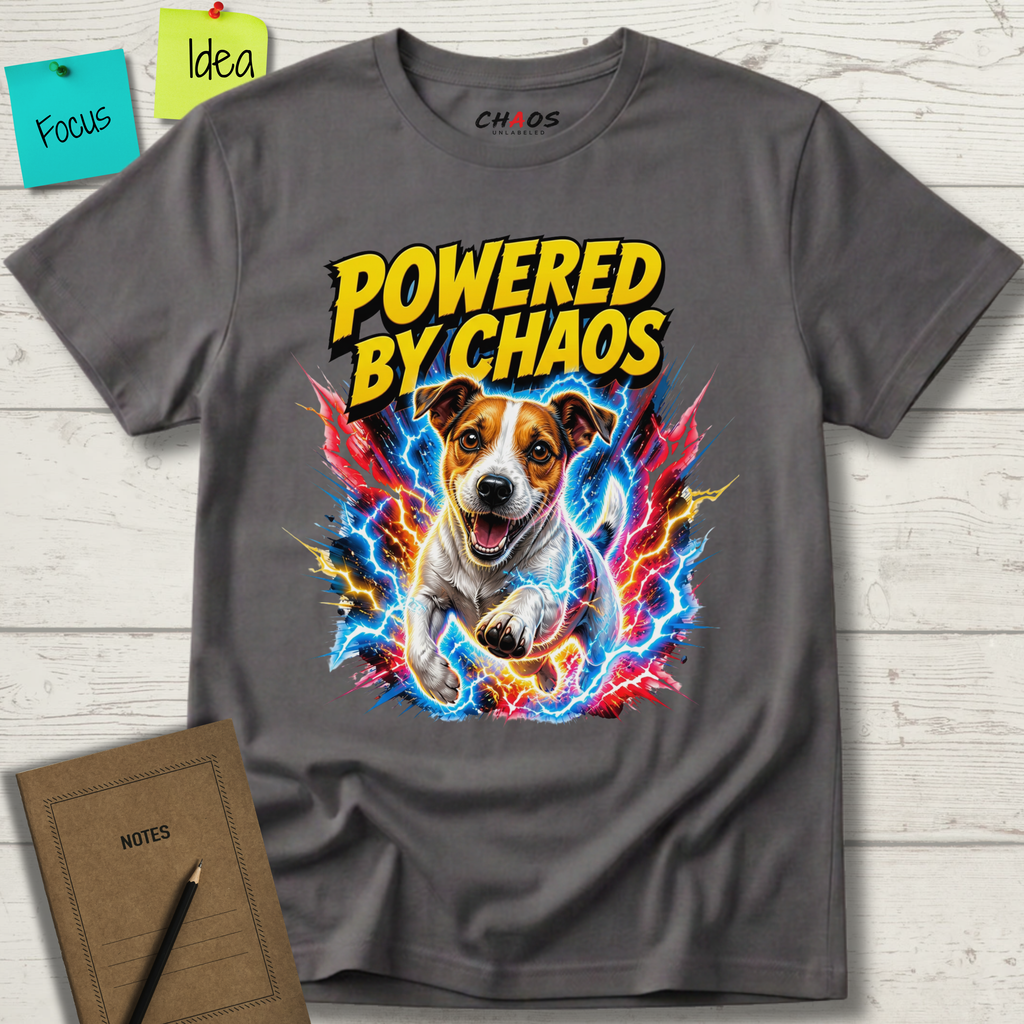 POWERED BY CHAOS JACK RUSSELL TERRIER T-SHIRT