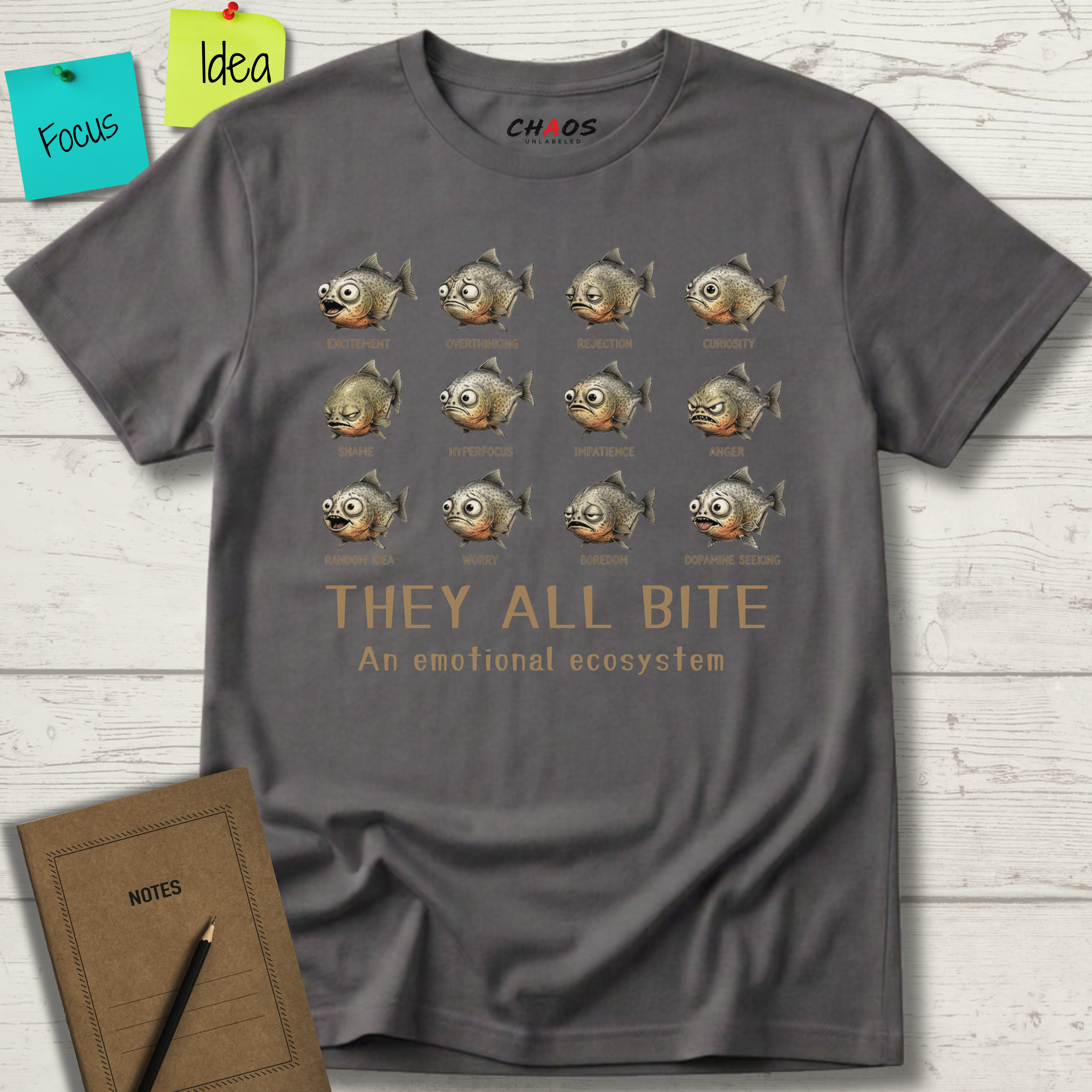 EVERYTHING BITES THE EMOTIONAL PIRANHA ECOSYSTEM T-SHIRT