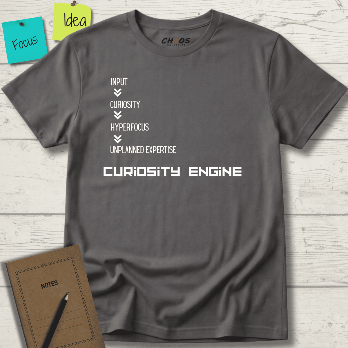 INPUT. Curiosity. Hyperfocus. Unplanned Expertise. Curiosity Engine T-Shirt