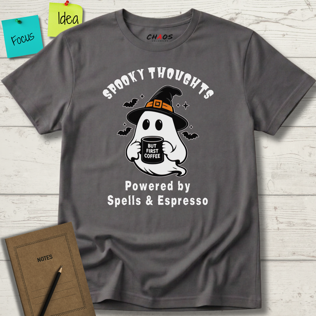 SPOOKY THOUGHTS POWERED BY SPELLS & ESPRESSO T-SHIRT