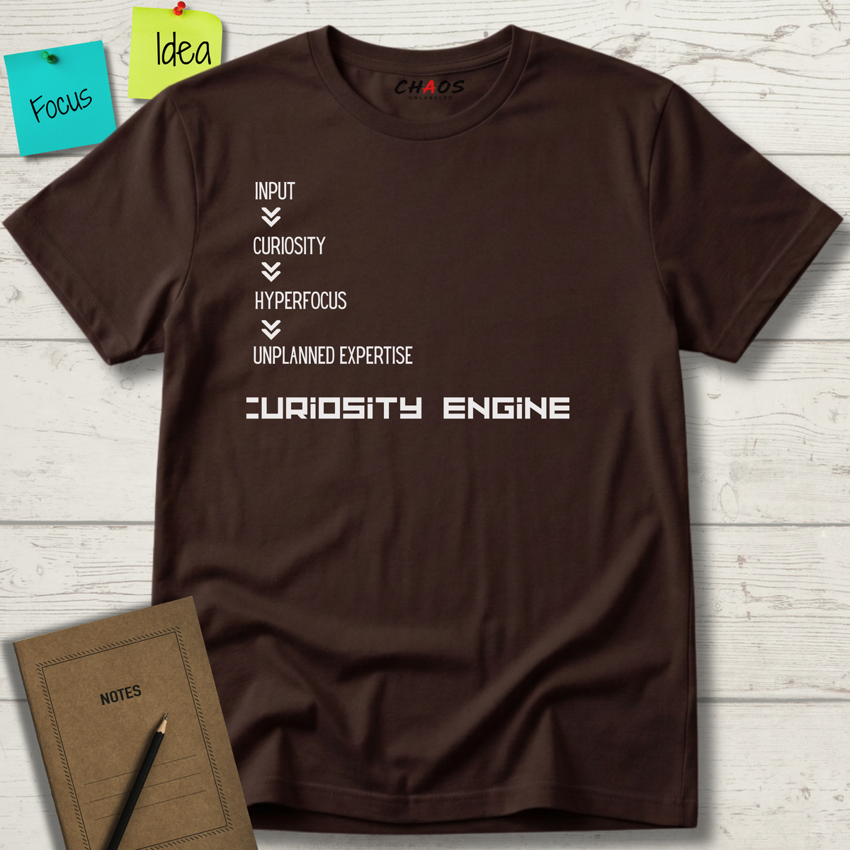 INPUT. Curiosity. Hyperfocus. Unplanned Expertise. Curiosity Engine T-Shirt