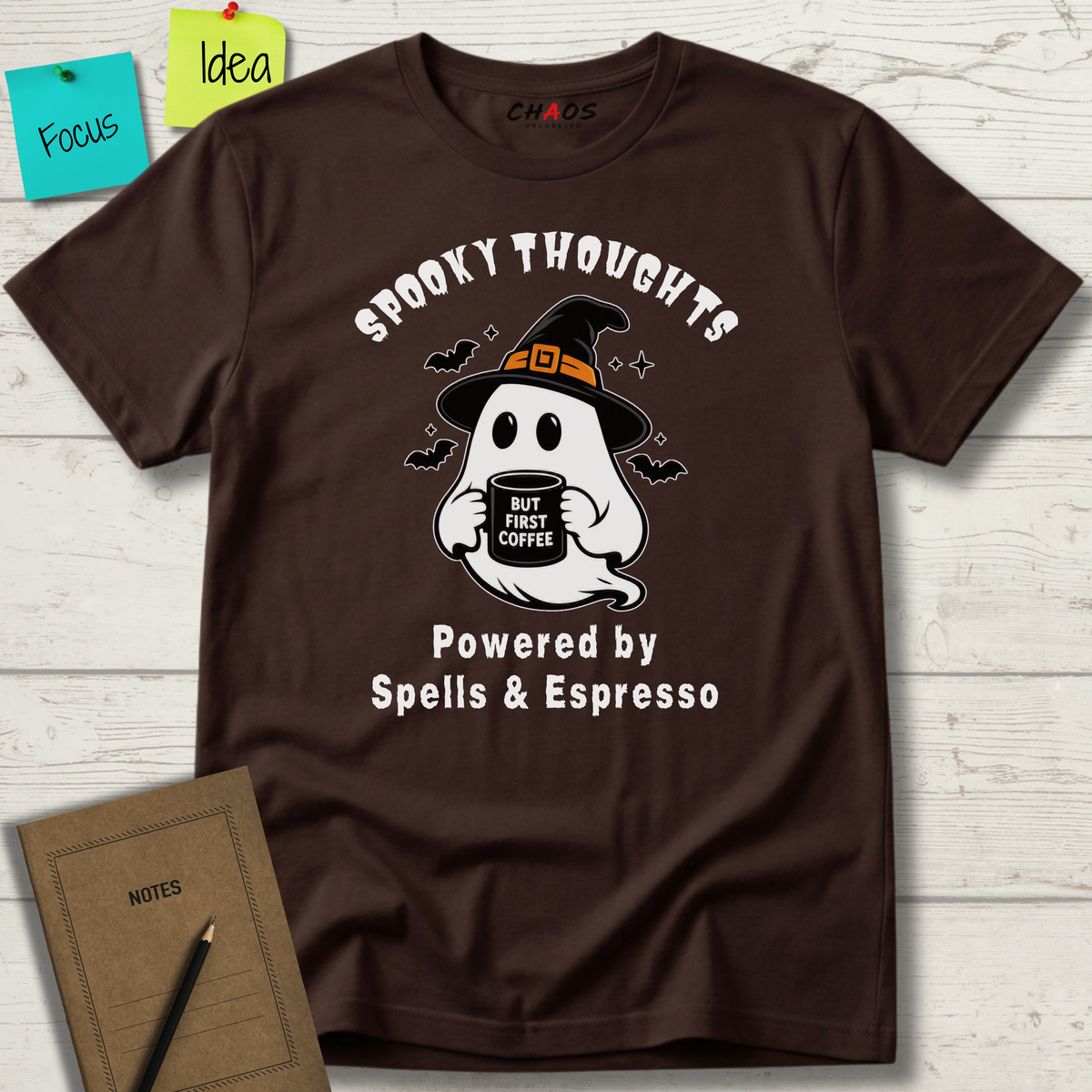 SPOOKY THOUGHTS POWERED BY SPELLS & ESPRESSO T-SHIRT