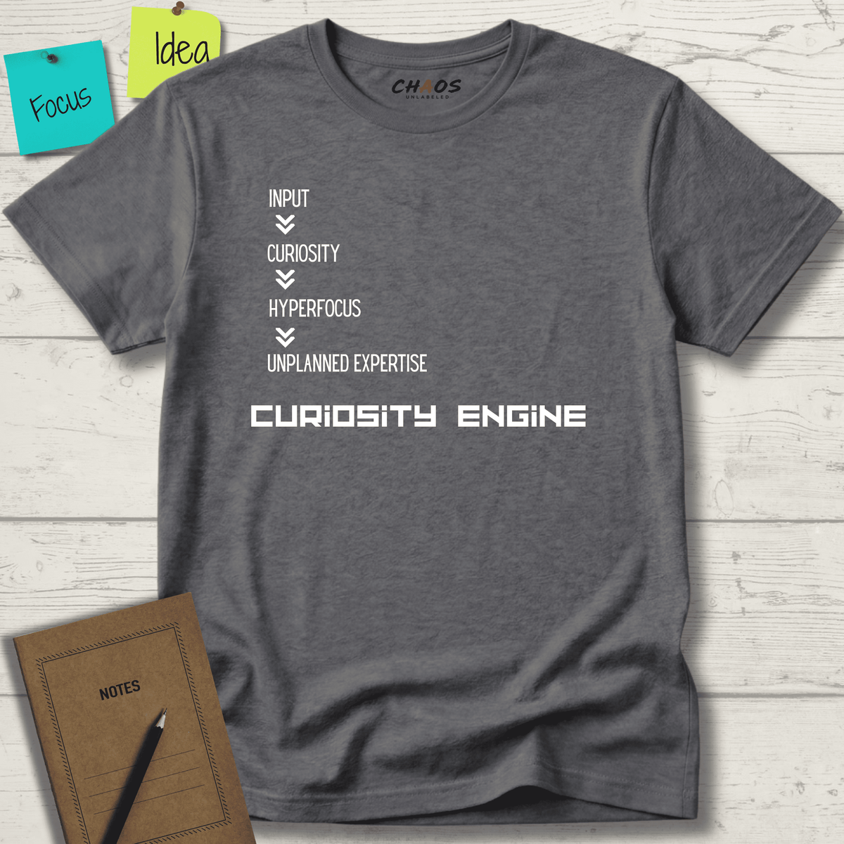 INPUT. Curiosity. Hyperfocus. Unplanned Expertise. Curiosity Engine T-Shirt