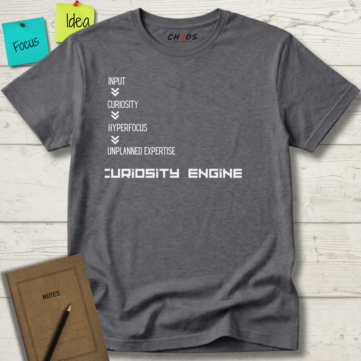 INPUT. Curiosity. Hyperfocus. Unplanned Expertise. Curiosity Engine T-Shirt