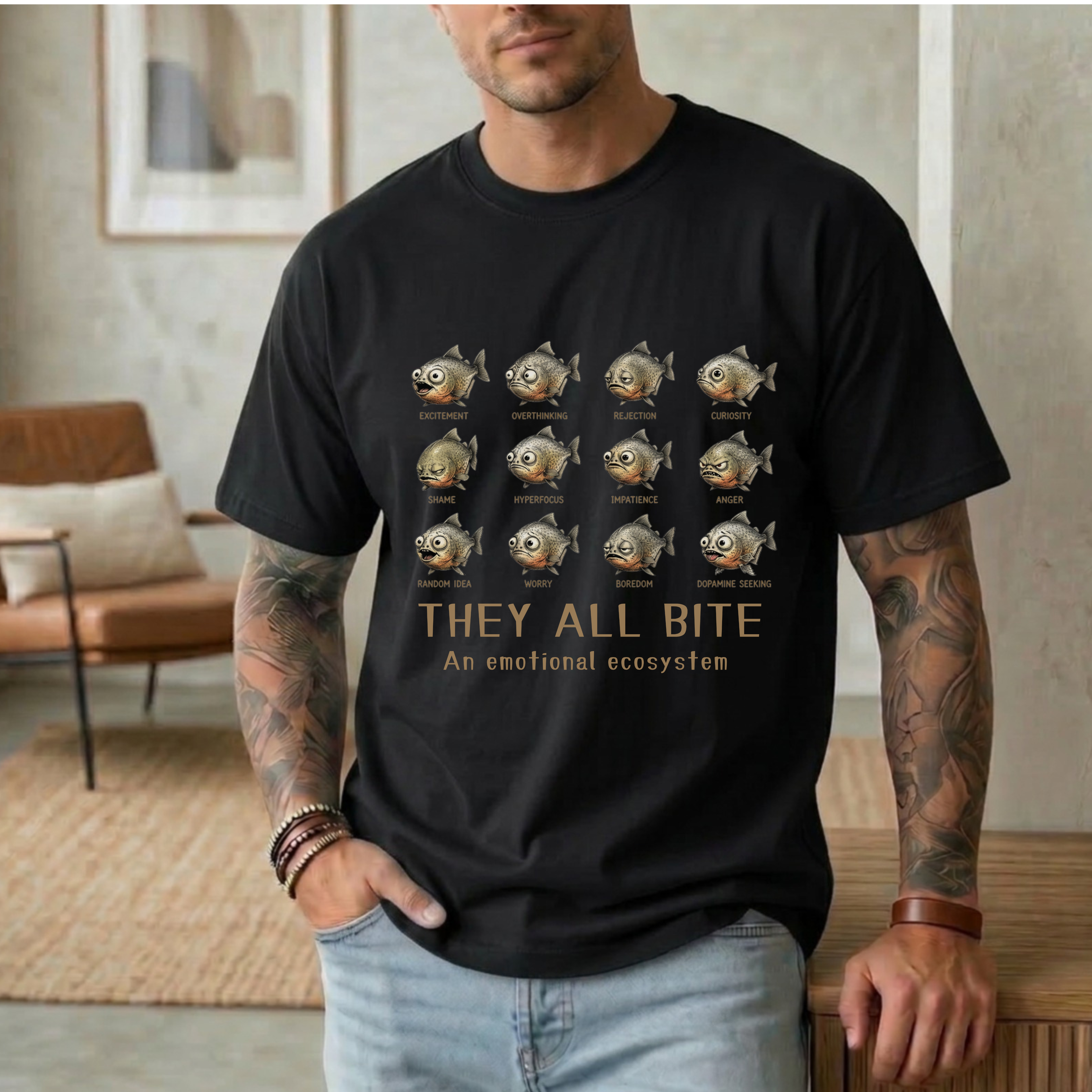 EVERYTHING BITES THE EMOTIONAL PIRANHA ECOSYSTEM T-SHIRT
