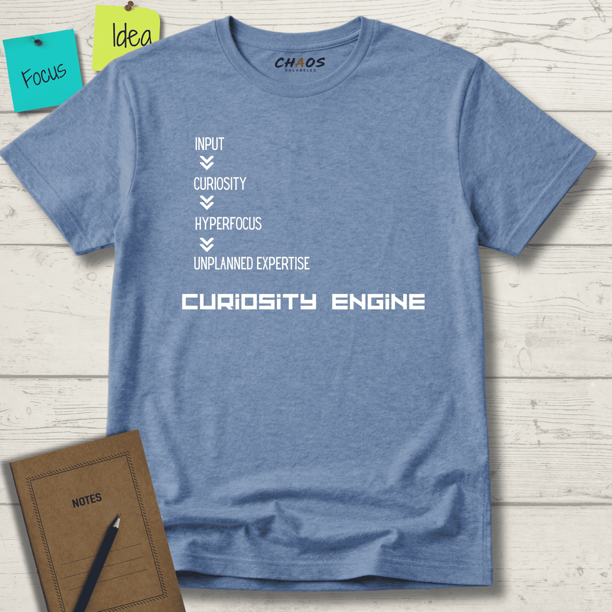 INPUT. Curiosity. Hyperfocus. Unplanned Expertise. Curiosity Engine T-Shirt