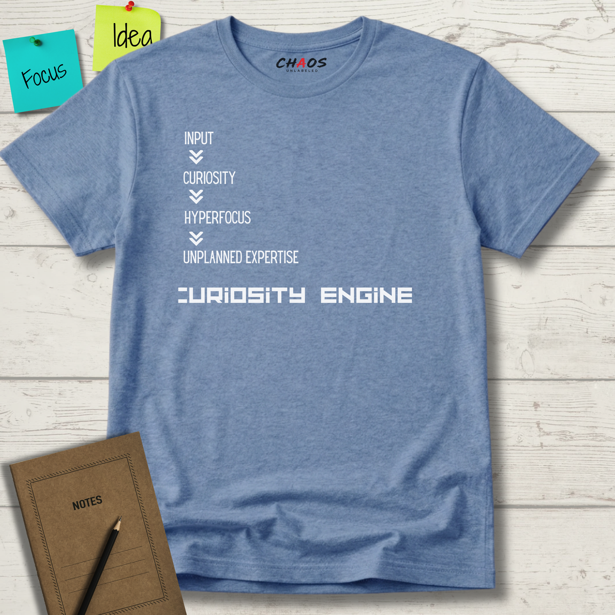 INPUT. Curiosity. Hyperfocus. Unplanned Expertise. Curiosity Engine T-Shirt
