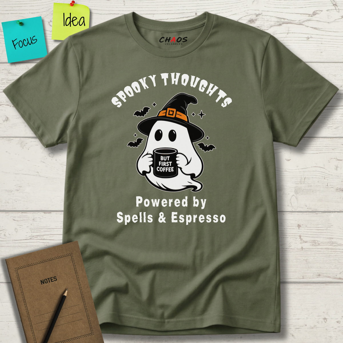 SPOOKY THOUGHTS POWERED BY SPELLS & ESPRESSO T-SHIRT