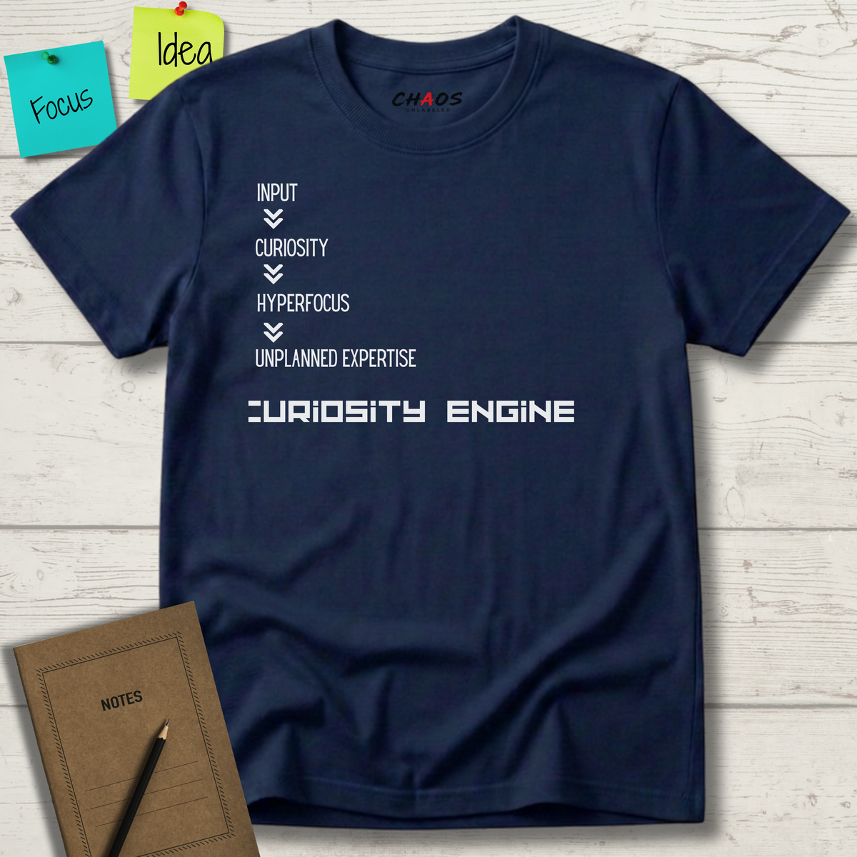 INPUT. Curiosity. Hyperfocus. Unplanned Expertise. Curiosity Engine T-Shirt