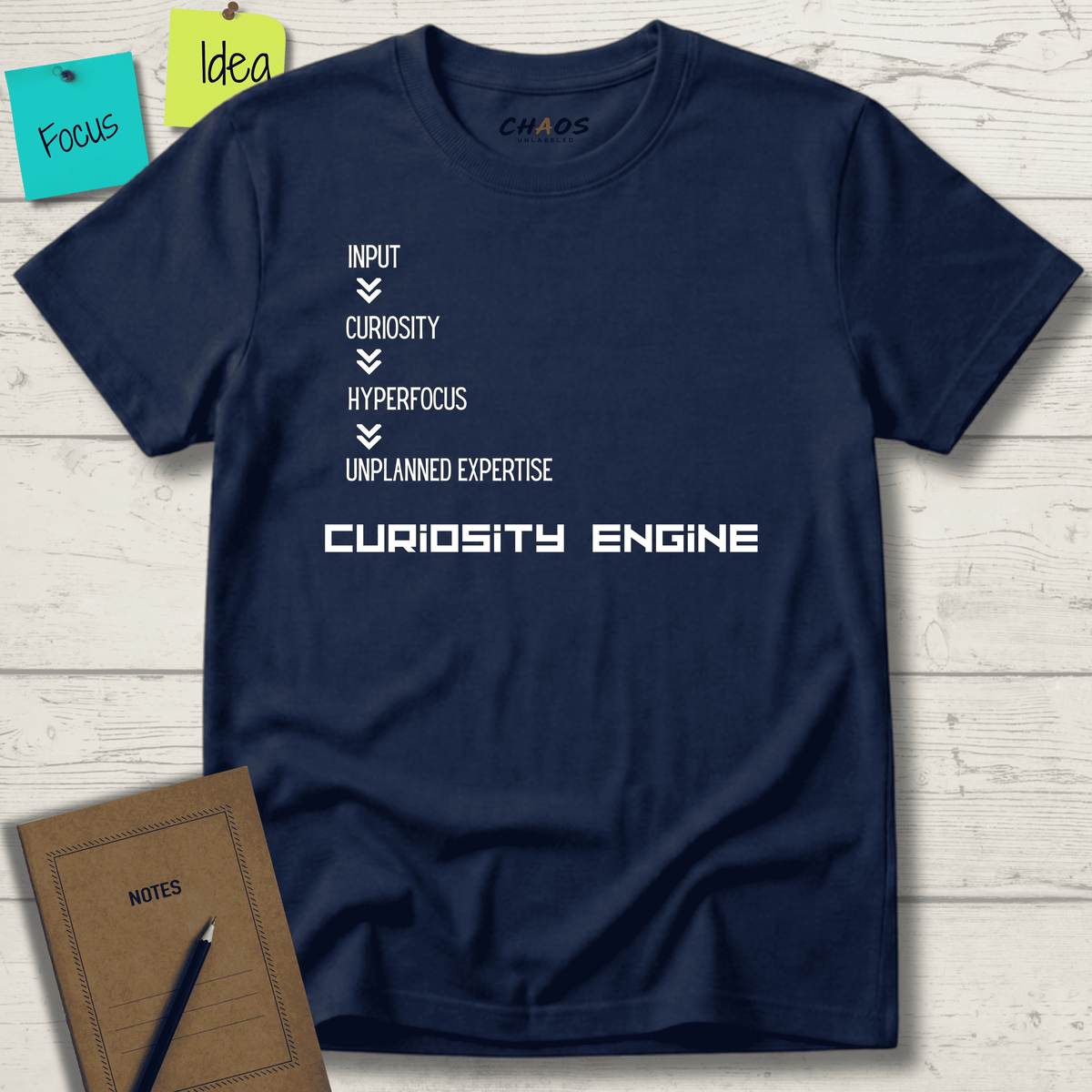 INPUT. Curiosity. Hyperfocus. Unplanned Expertise. Curiosity Engine T-Shirt