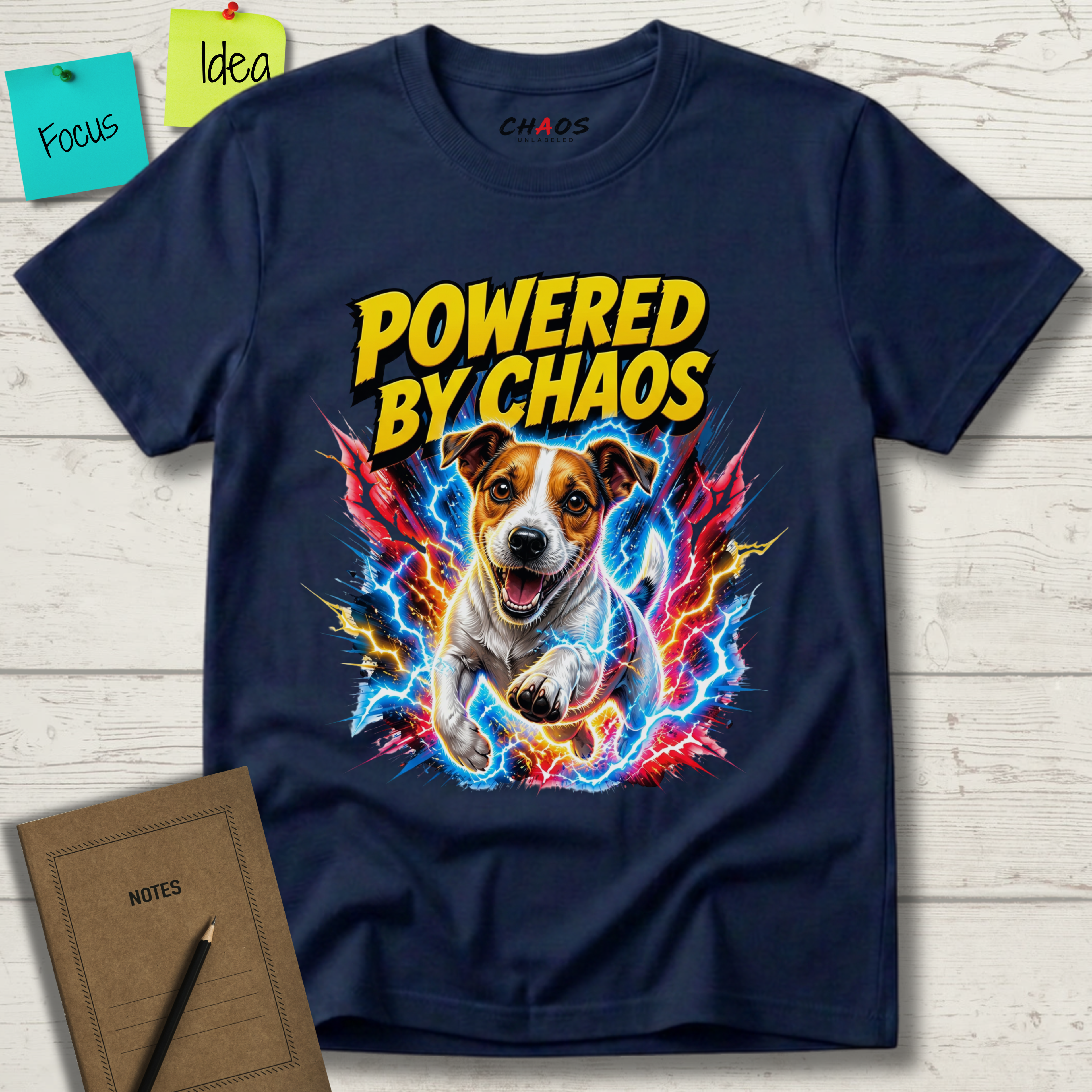 POWERED BY CHAOS JACK RUSSELL TERRIER T-SHIRT
