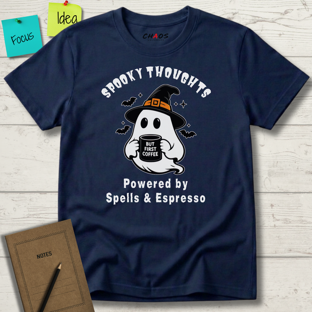 SPOOKY THOUGHTS POWERED BY SPELLS & ESPRESSO T-SHIRT