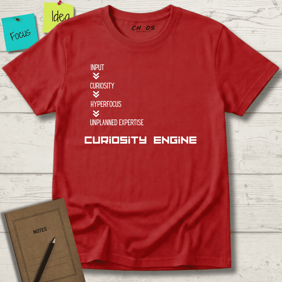 INPUT. Curiosity. Hyperfocus. Unplanned Expertise. Curiosity Engine T-Shirt