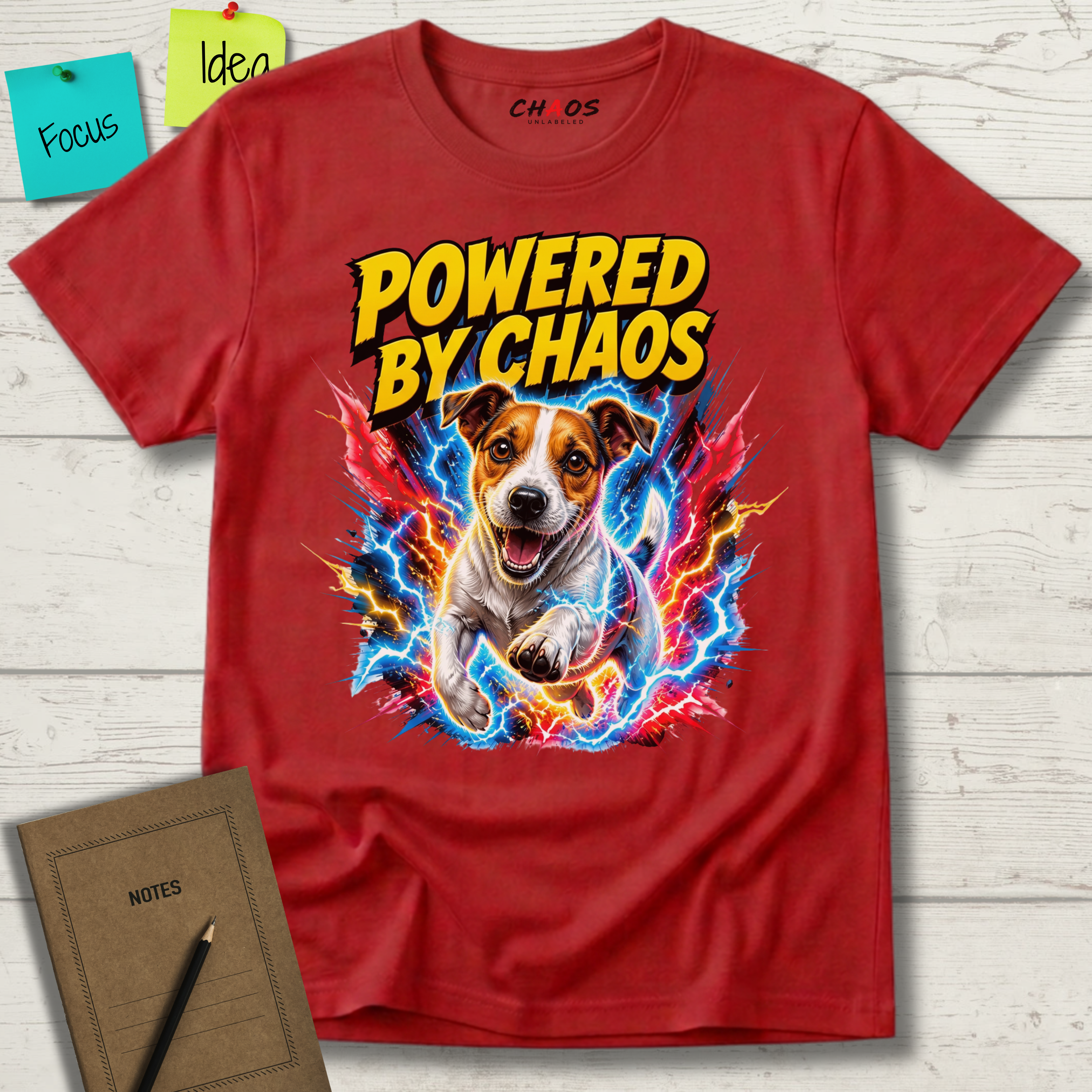 POWERED BY CHAOS JACK RUSSELL TERRIER T-SHIRT