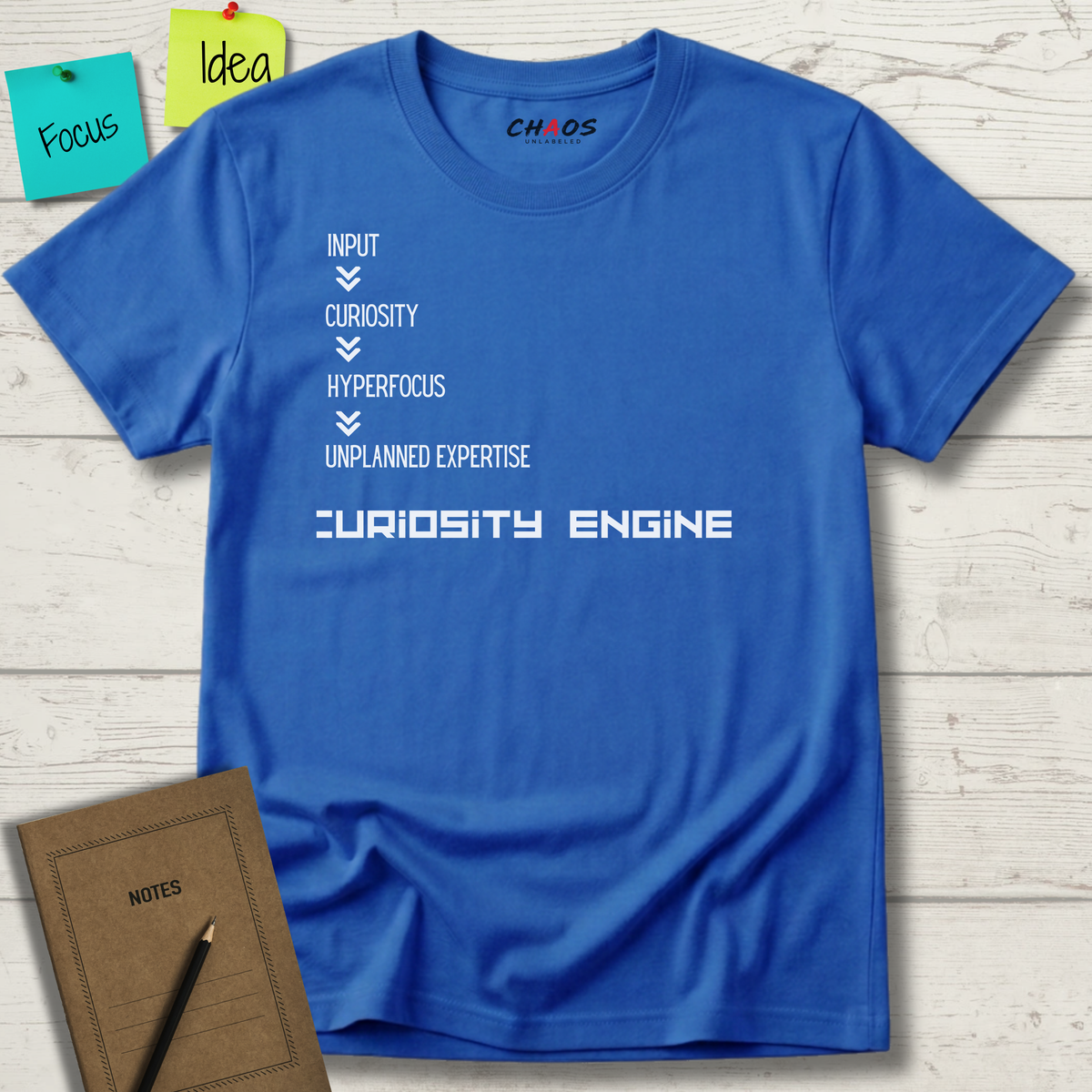 INPUT. Curiosity. Hyperfocus. Unplanned Expertise. Curiosity Engine T-Shirt