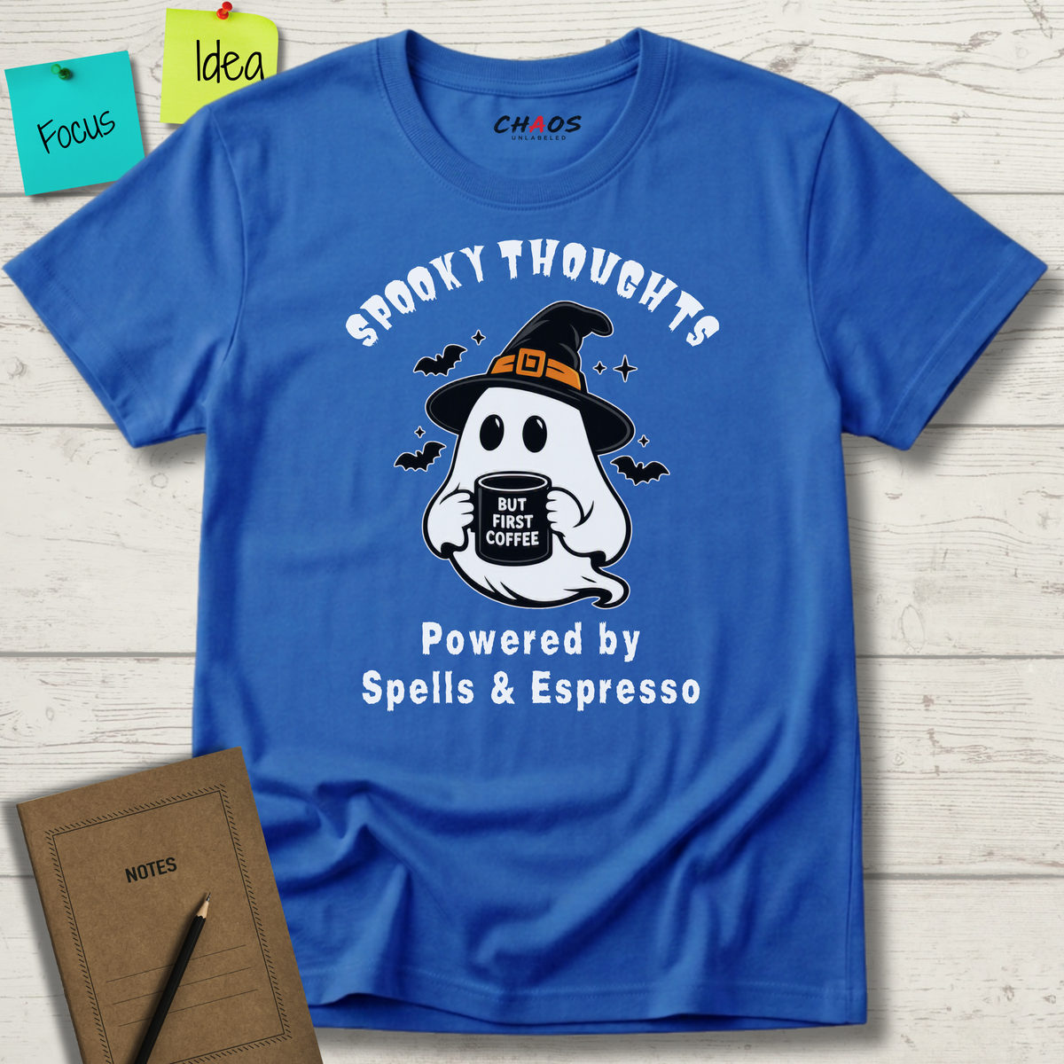 SPOOKY THOUGHTS POWERED BY SPELLS & ESPRESSO T-SHIRT