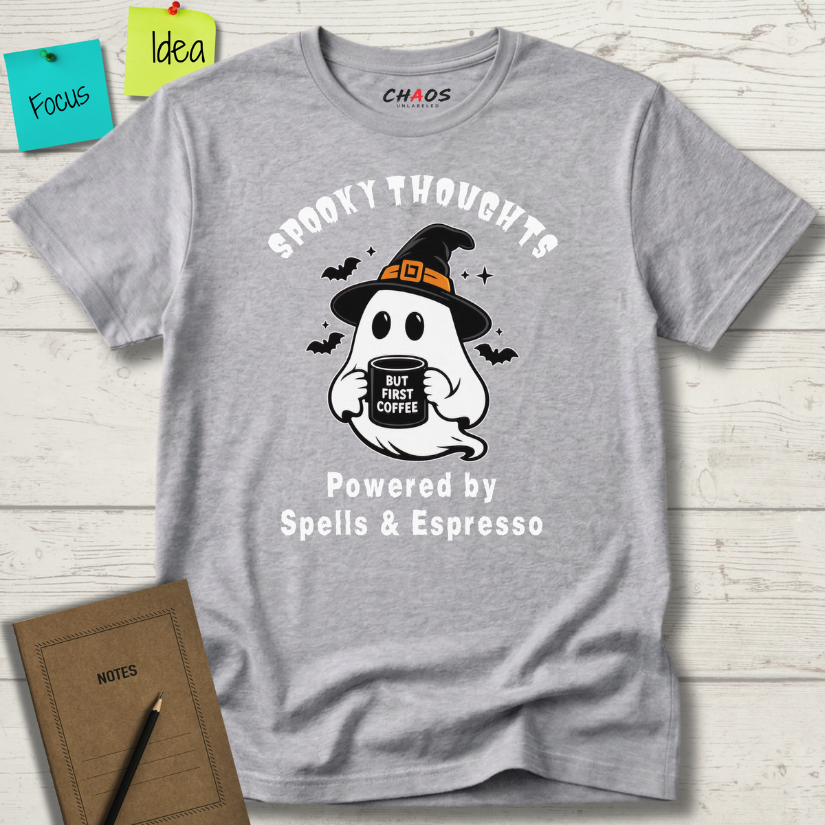 SPOOKY THOUGHTS POWERED BY SPELLS & ESPRESSO T-SHIRT
