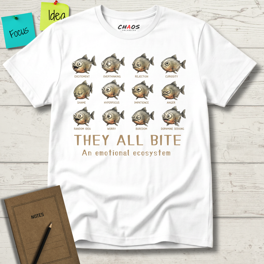 EVERYTHING BITES THE EMOTIONAL PIRANHA ECOSYSTEM T-SHIRT