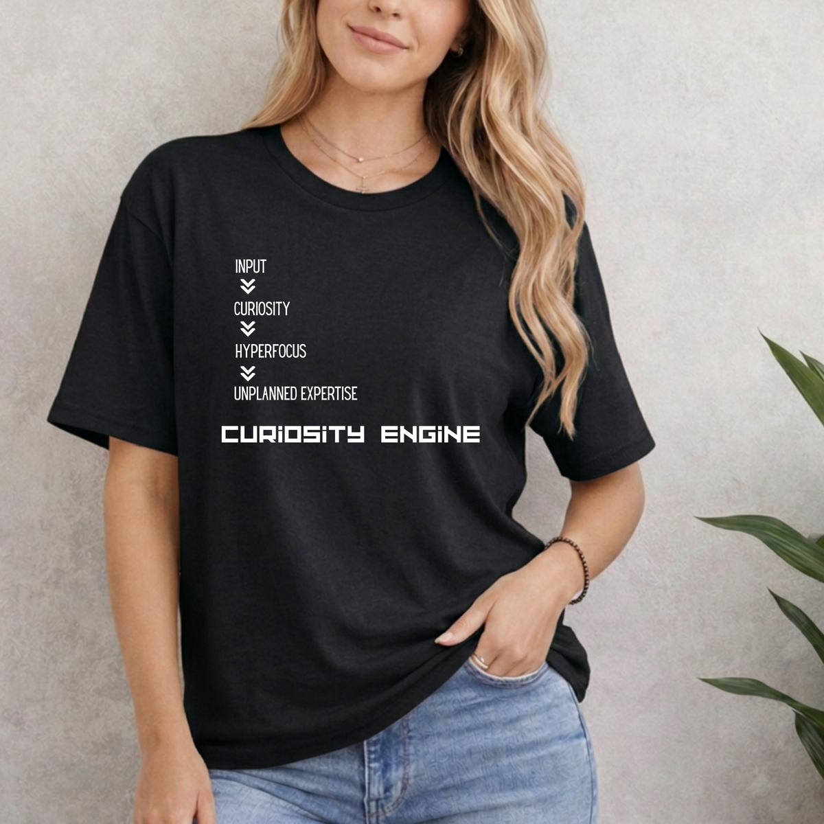 INPUT. Curiosity. Hyperfocus. Unplanned Expertise. Curiosity Engine T-Shirt