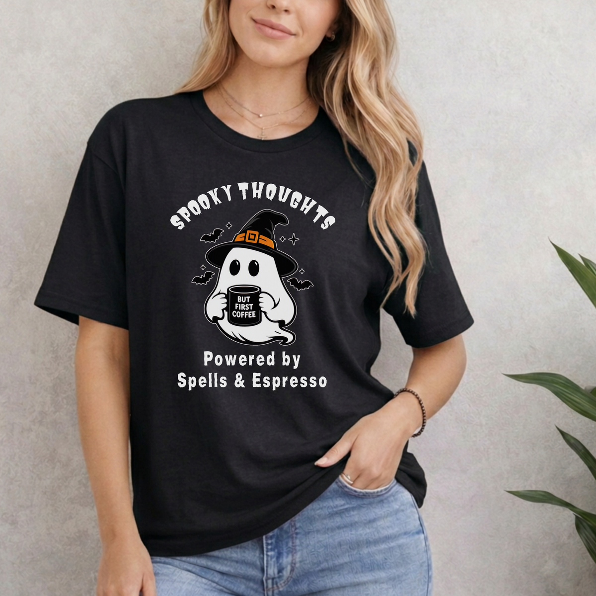 SPOOKY THOUGHTS POWERED BY SPELLS & ESPRESSO T-SHIRT